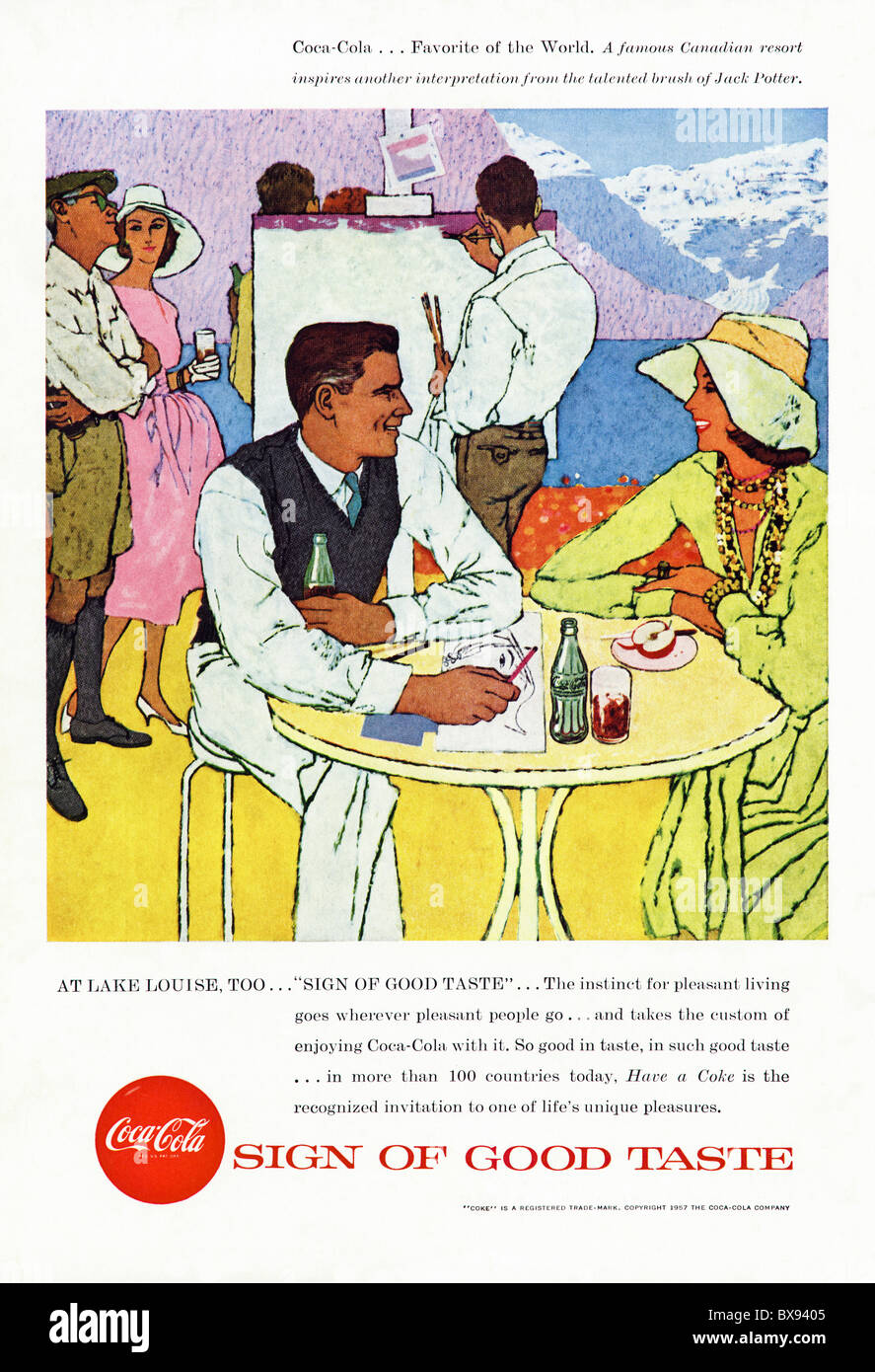 Klassische Coca Cola Farbe Anzeige mit Malerei von kanadischen Resort Lake Louise von Künstler Jack Potter in der amerikanischen Zeitschrift Stockfoto