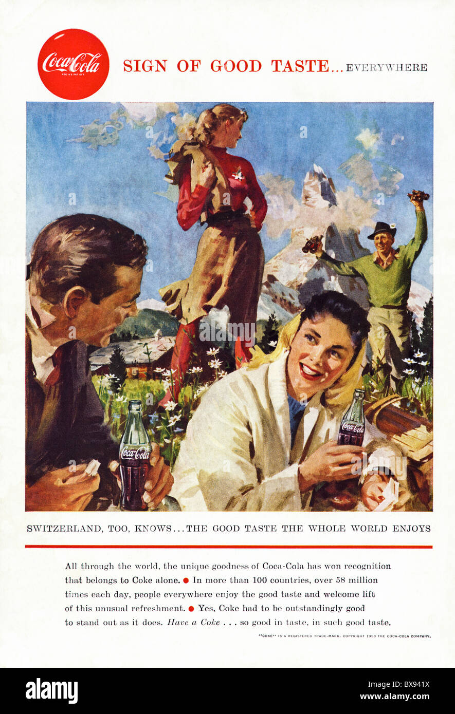 Klassische Farbe der Coca Cola Werbung mit Abbildung der Schweiz im  amerikanischen Magazin ca. 1958 Stockfotografie - Alamy