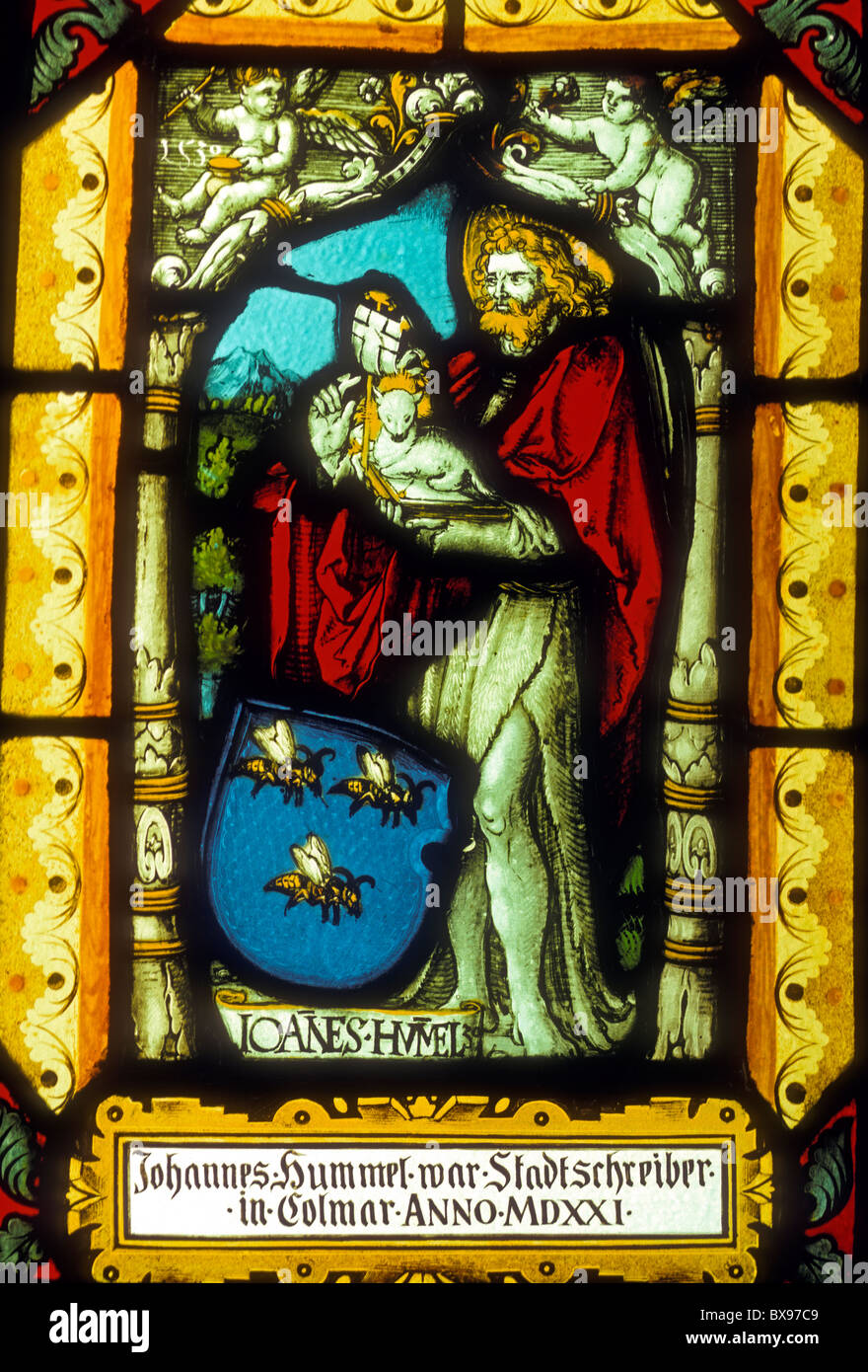 Glasmalerei, Johannes dem Täufer Johannes, religiöse Kunst, religiöser Kunst, Museum Unterlinden, Musee d'Unterlinden, Colmar, Frankreich Stockfoto