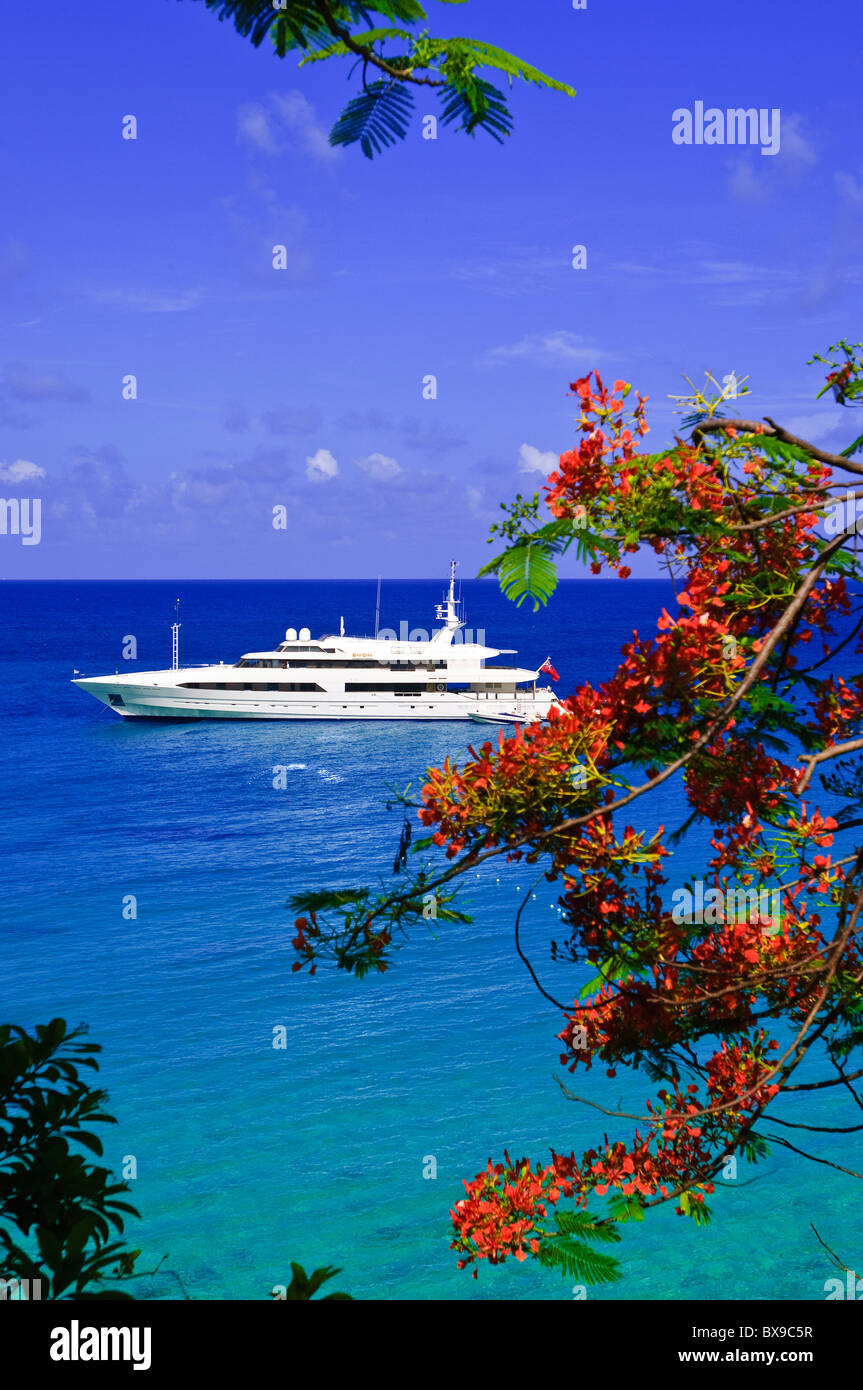 Luxus-Yacht vor Baie Longue Long Bay Beach St. Maarten, St. Martin, Karibik Stockfoto