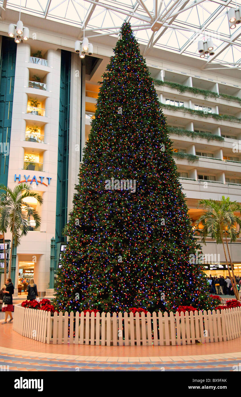 Weihnachtsbaum in der Orlando International Airport, MCO Atrium des Hotels betrachtet, da Besucher Sicherheit verlassen und in Orlando. Stockfoto