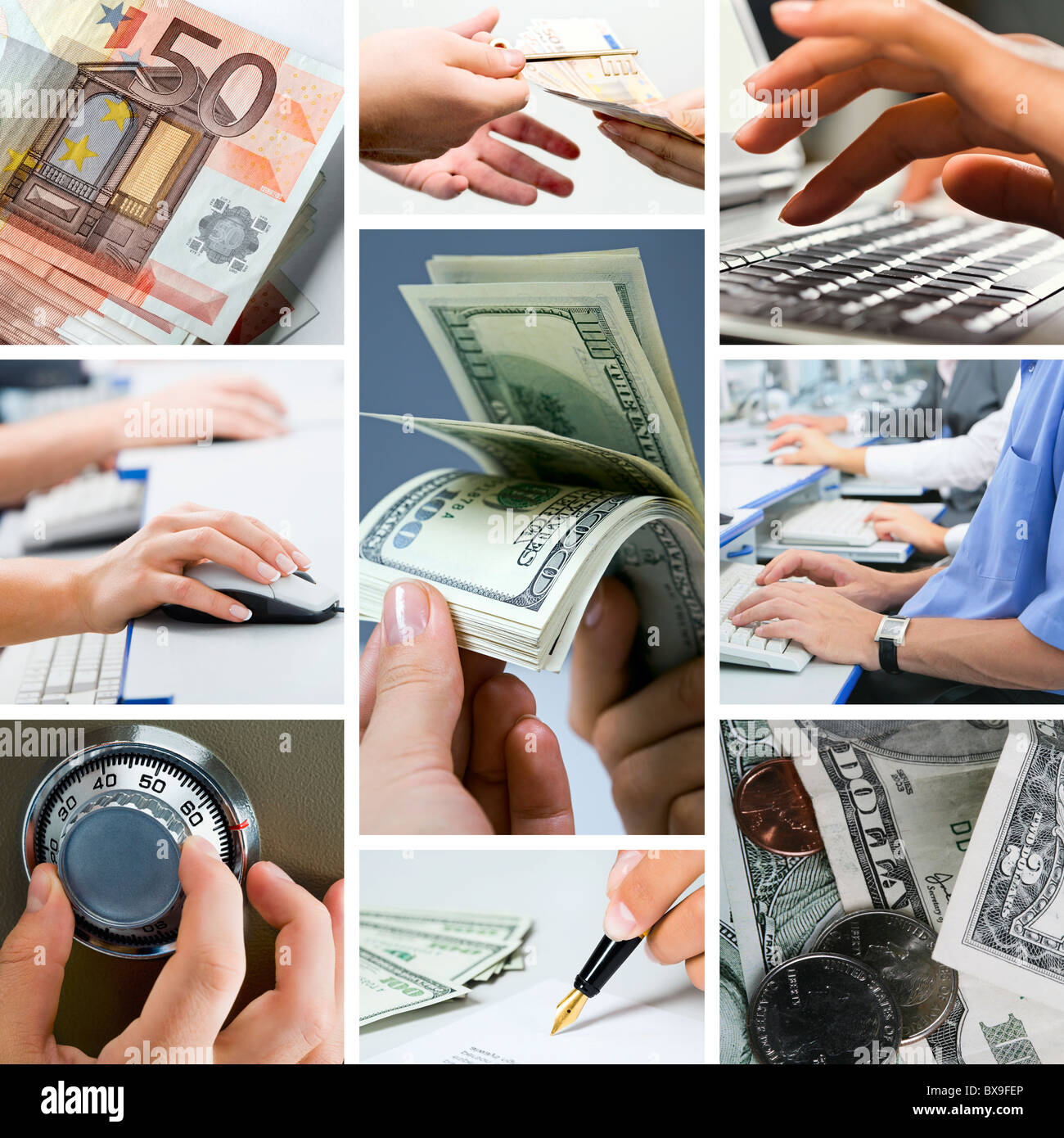 Konzeptbild - Raster von Geschäftsfotos: weißer Kragen Geld Stockfoto