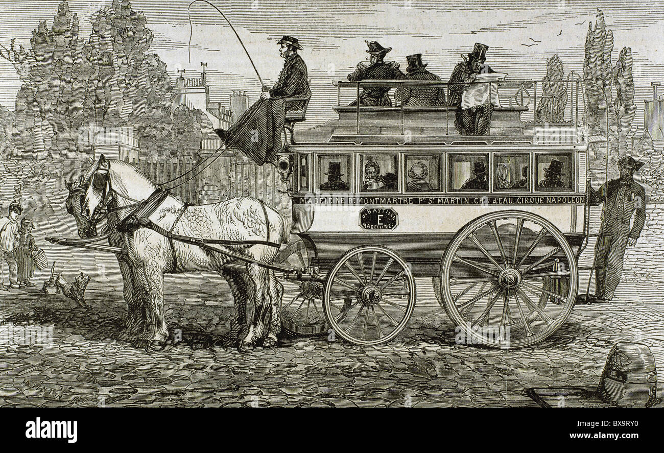 Pferdekutsche-Omnibus. Kupferstich von H. Linton in "L ' Univers Illustré" (1862). Stockfoto