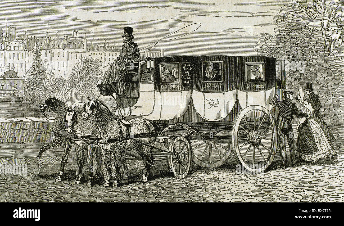 Pferdekutsche-Omnibus. Kupferstich von H. Linton in "L ' Univers Illustré" (1862). Stockfoto