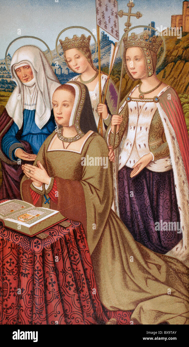Anne de Bretagne, Königin von Frankreich, 1477-1514, umgeben von ihren Schutzheiligen. Stockfoto