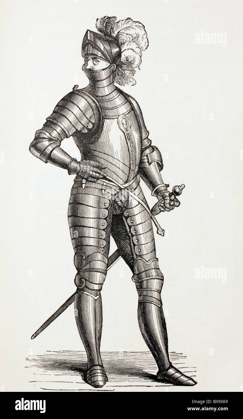 Ein Ritter in einer kompletten Rüstung im 15. Jahrhundert. Stockfoto
