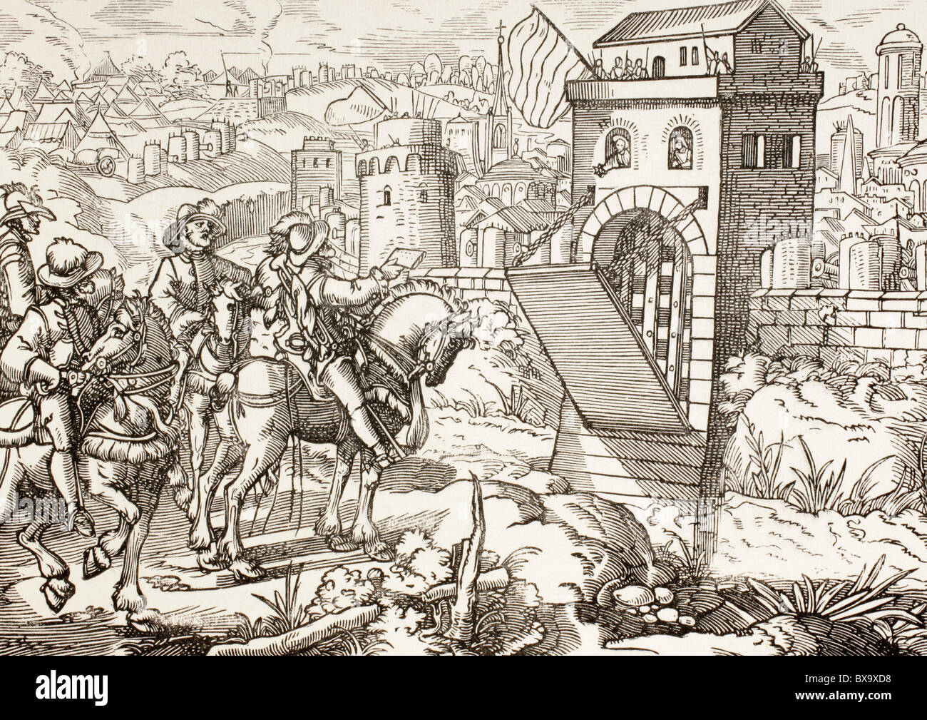 Belagerung einer Stadt. Die belagernde Armee liest Begriffe für die Stadt zu übergeben und die Tore öffnen. Stockfoto