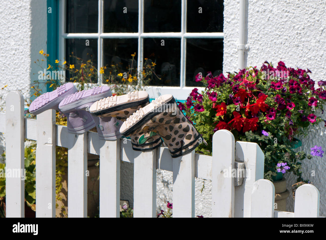Zwei Paar Stiefel auf Zaunpfählen platziert Stockfoto