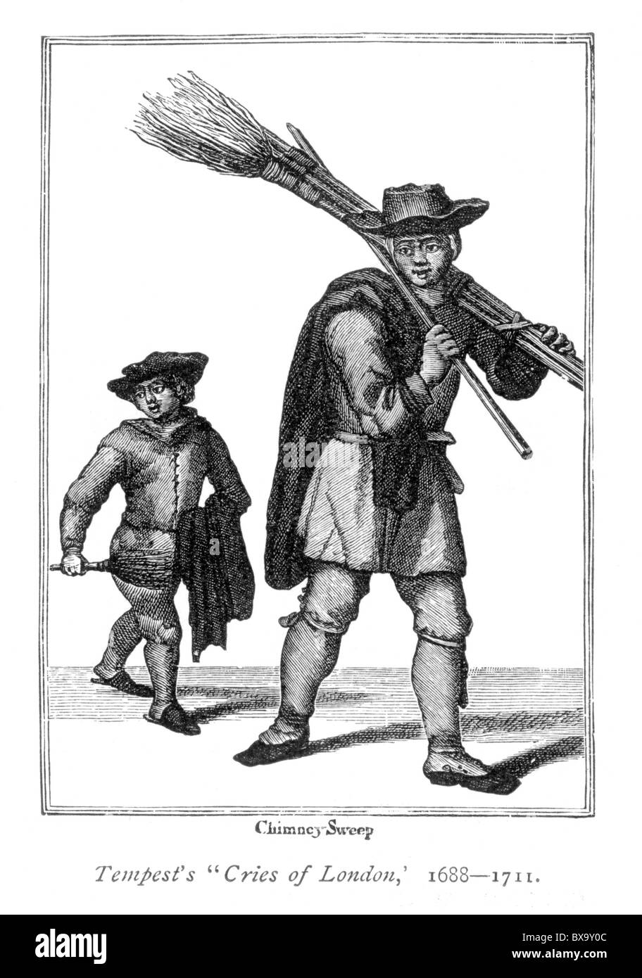 Der Schornsteinfeger; Kupferstich von Marcellus Laroon oder Lauron aus "Cryes und Gewohnheiten der City of London" Stockfoto