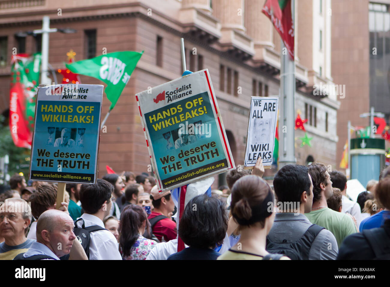 Wikileaks-Protest in Sydney Australia am 14. Dezember 2010. Stockfoto