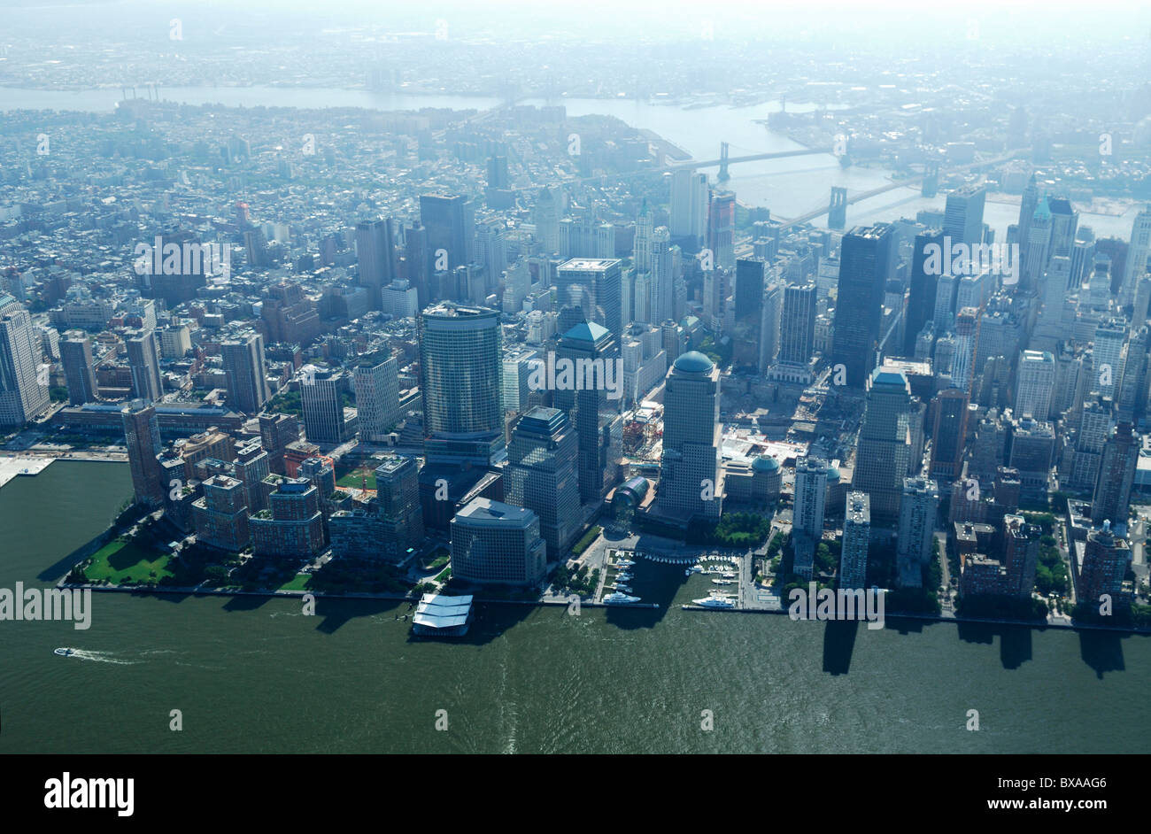 Luftaufnahmen von Süd-Manhattan, Notiz im Mittelweg Null noch in Bau, Standort des World Trade Center in New York City, Stockfoto