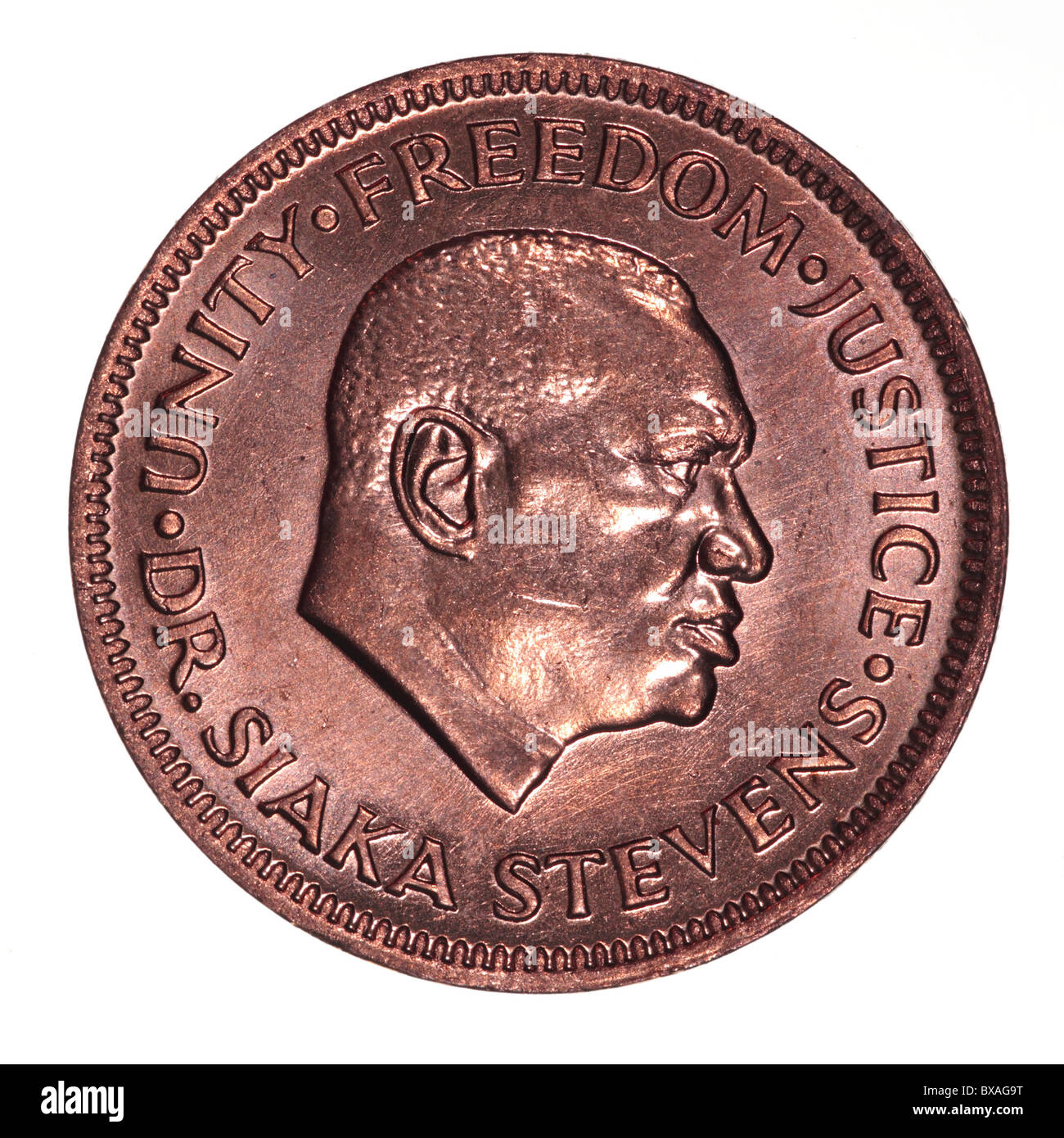 Sierra Leone 1-Cent-Münze (obverse) mit einem Porträt von Dr. Siaka Stevens (1905-1988) Stockfoto