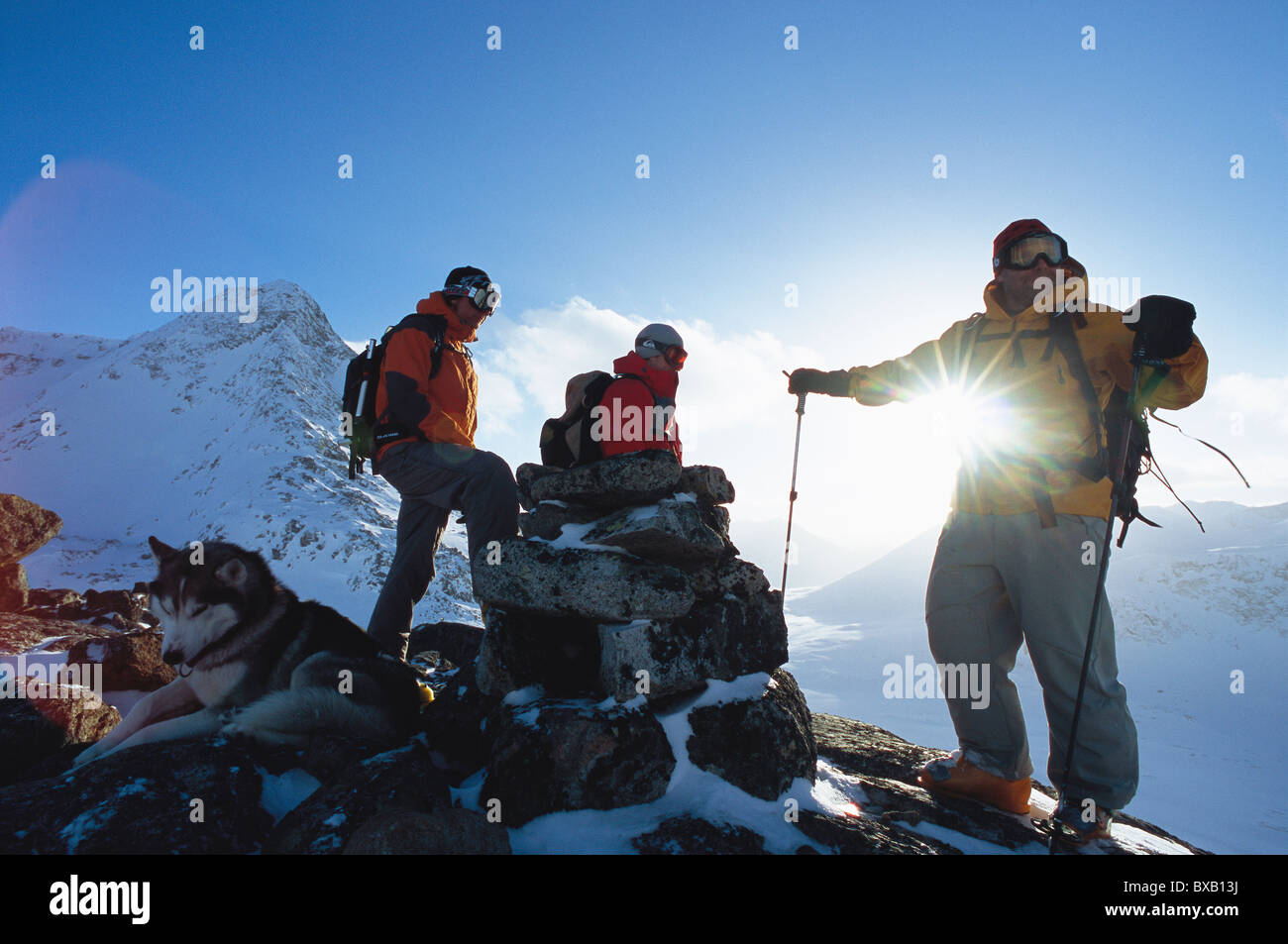 Partei der Wanderer mit Hund stehend auf Berg im winter Stockfoto