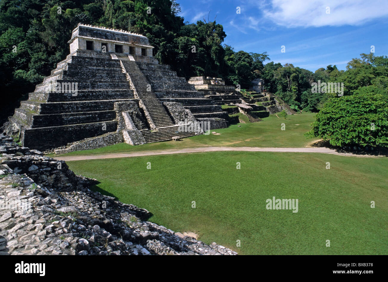 Tempel der Inschriften, Ruinen von Palenque, Chiapas, Mexiko Teil einer Gruppe der Tempel an der Maya. Stockfoto