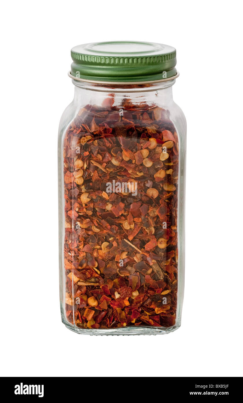 Crushed Red Pepper Flasche isoliert auf einem weißen Hintergrund. Stockfoto