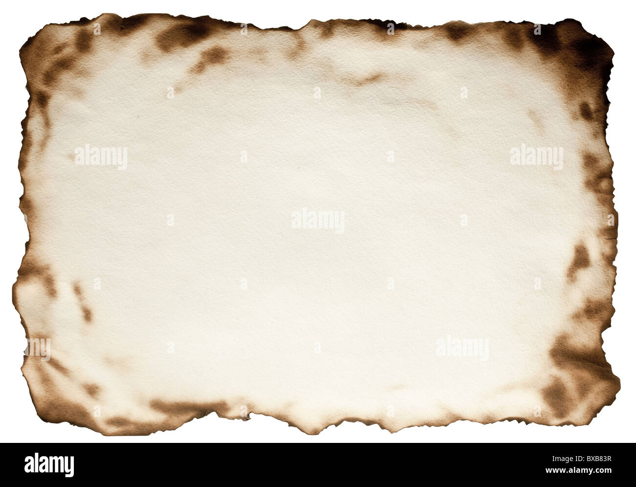 Verbrannt am Rande strukturiertem Papier gegen auf einem weißen Hintergrund isoliert. Datei enthält den Pfad für Schnitt. Stockfoto