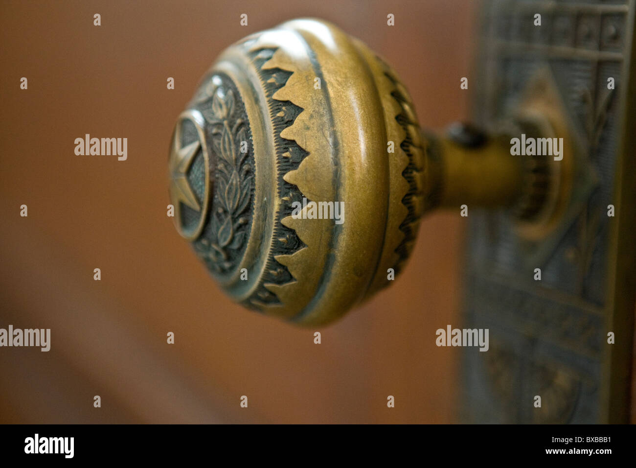 Detail der Texas Zustand Siegel mit Lone Star und Eichen und Olivenbäumen Äste auf Messing Türknopf im Capitol building in Austin Stockfoto