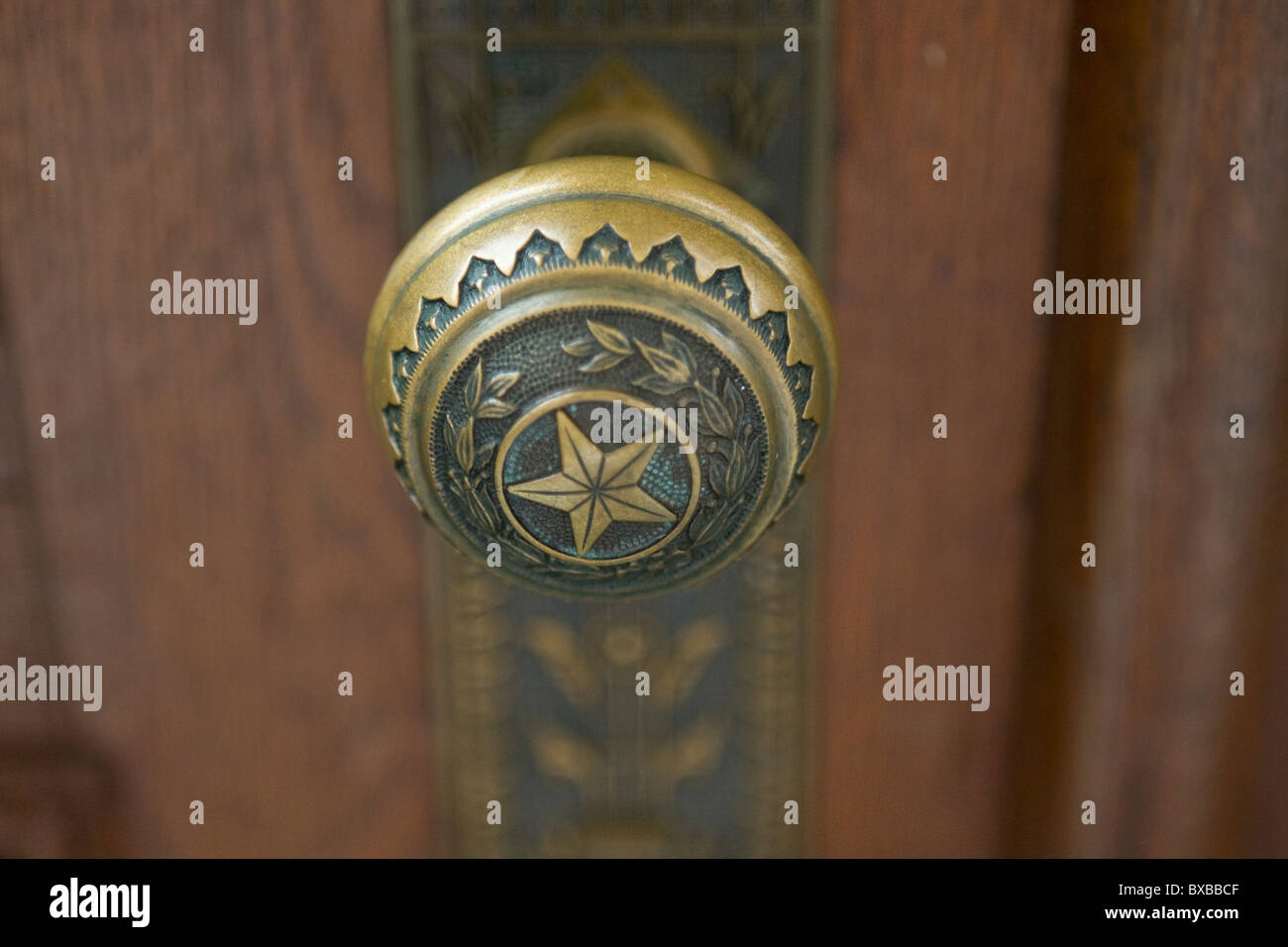Detail der Texas Zustand Siegel mit Lone Star und Eichen und Olivenbäumen Äste auf Messing Türknopf im Capitol building in Austin Stockfoto