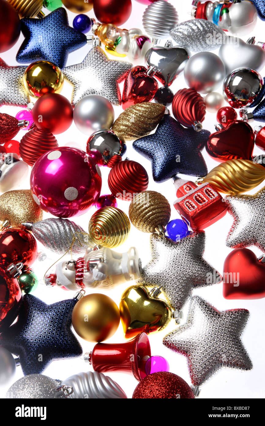 Verschiedenen Weihnachts-Dekoration, Kugeln, Sterne, verschiedene Designs. Stockfoto