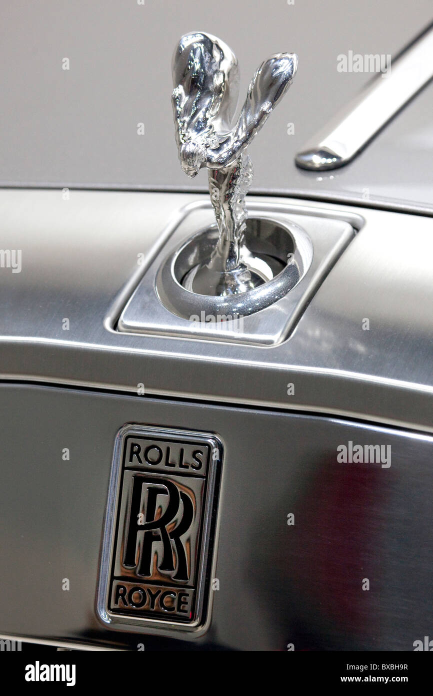 Kühlerfigur Emily und Logo von Rolls-Royce-Auto-Hersteller, ist Teil der BMW Group, bei der 63. Internationale Stockfoto