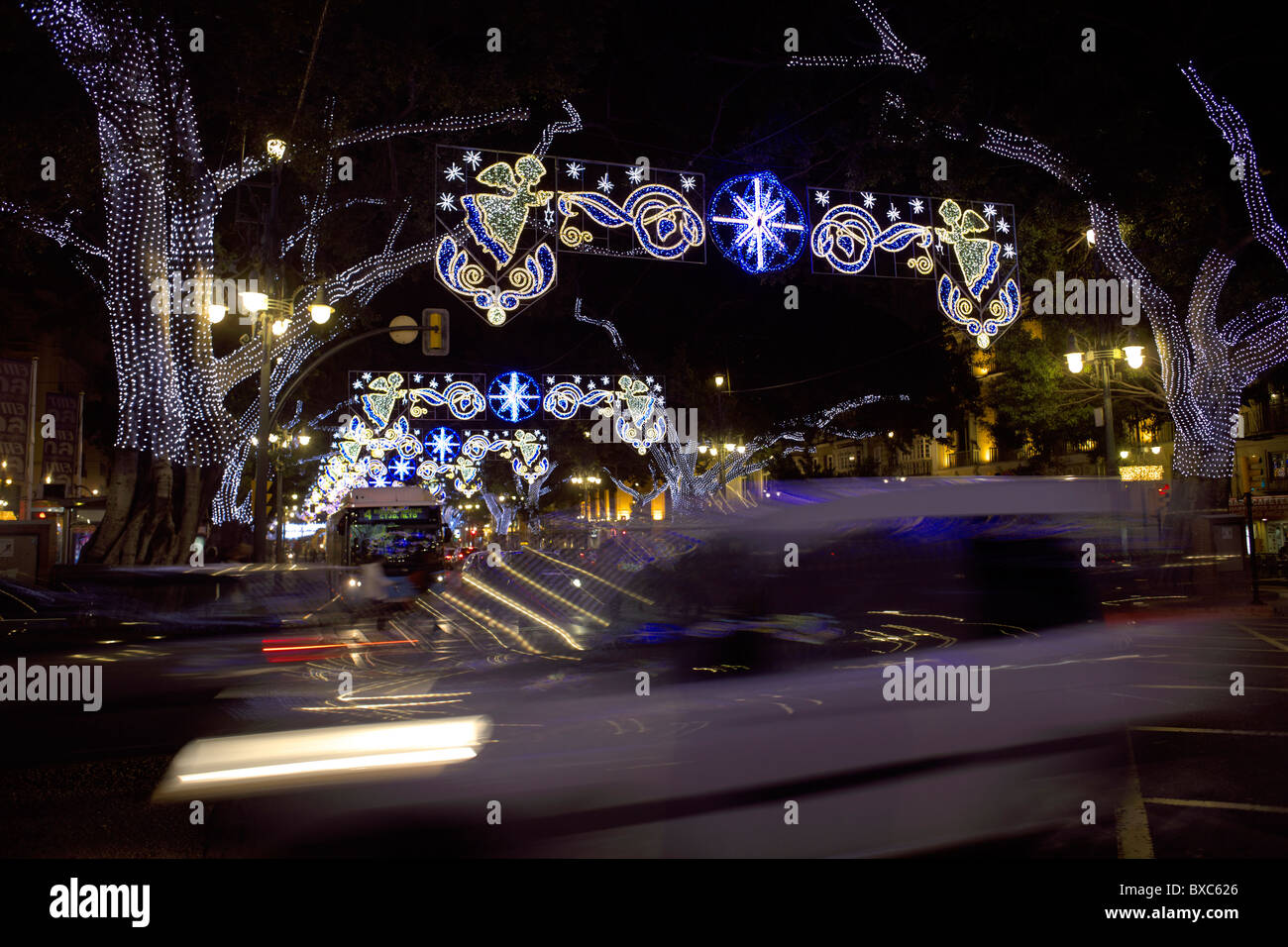 Malaga Weihnachtsbeleuchtung, Málaga, Andalusien, Spanien, Costa Del Sol, in der Nacht, nachts, Nacht, Stadtbild, Stockfoto