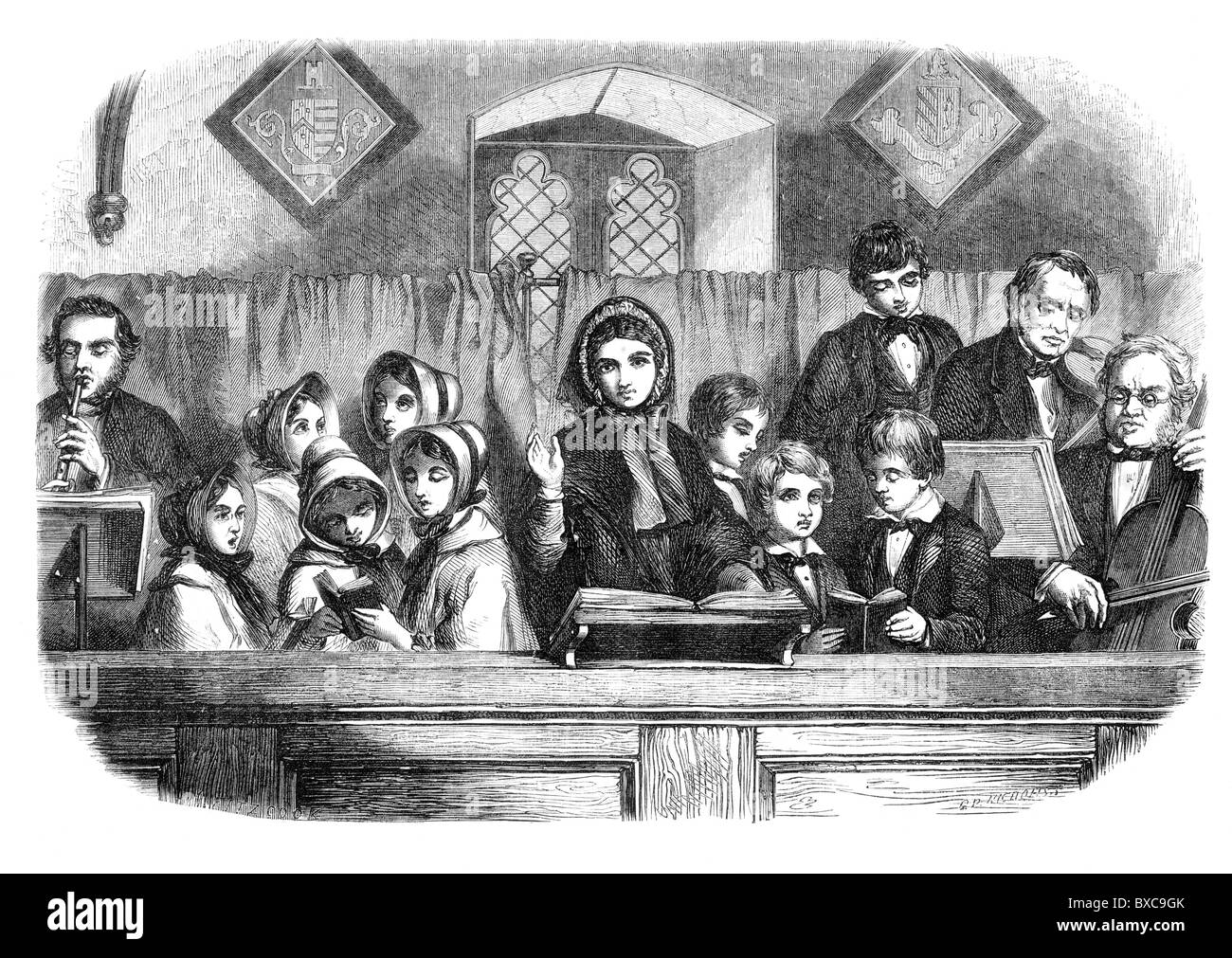 Kinder singen in der Kirche des 19. Jahrhunderts; Schwarz und weiß-Abbildung; Stockfoto