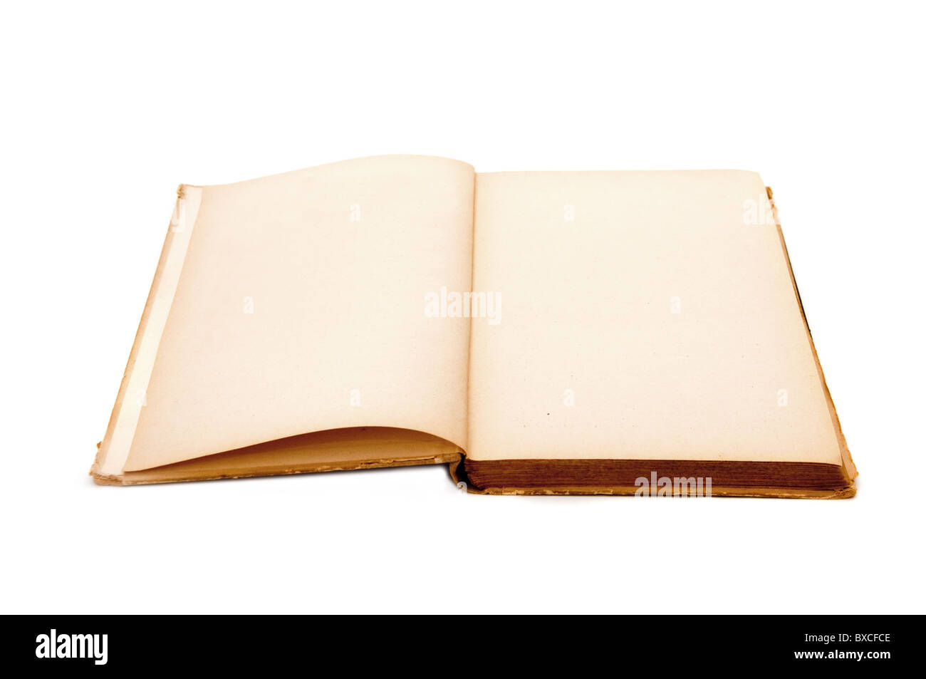 Altes Buch mit leeren Seiten. Papier fleckig und gelb getönten durch Zeit. Stockfoto