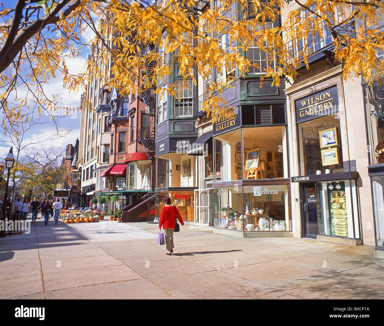 Newbury Street (Einkaufsmeile) im Herbst, historisches Viertel Back Bay, Boston, Massachusetts, Vereinigte Staaten von Amerika Stockfoto