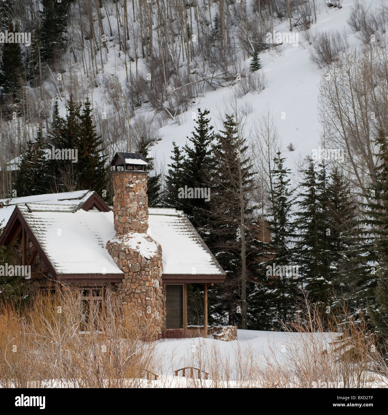Ferienhaus in Winterlandschaft in Vail, Colorado Stockfoto