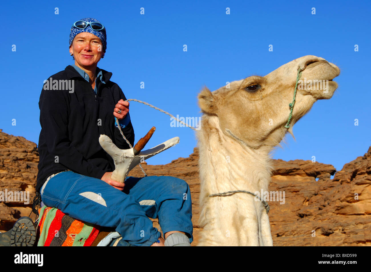 Weibliche Touristen reiten mit stolz auf ein Mehari Dromedar bei einem Ausflug in die Acacous Berge, Wüste Sahara, Libyen Stockfoto