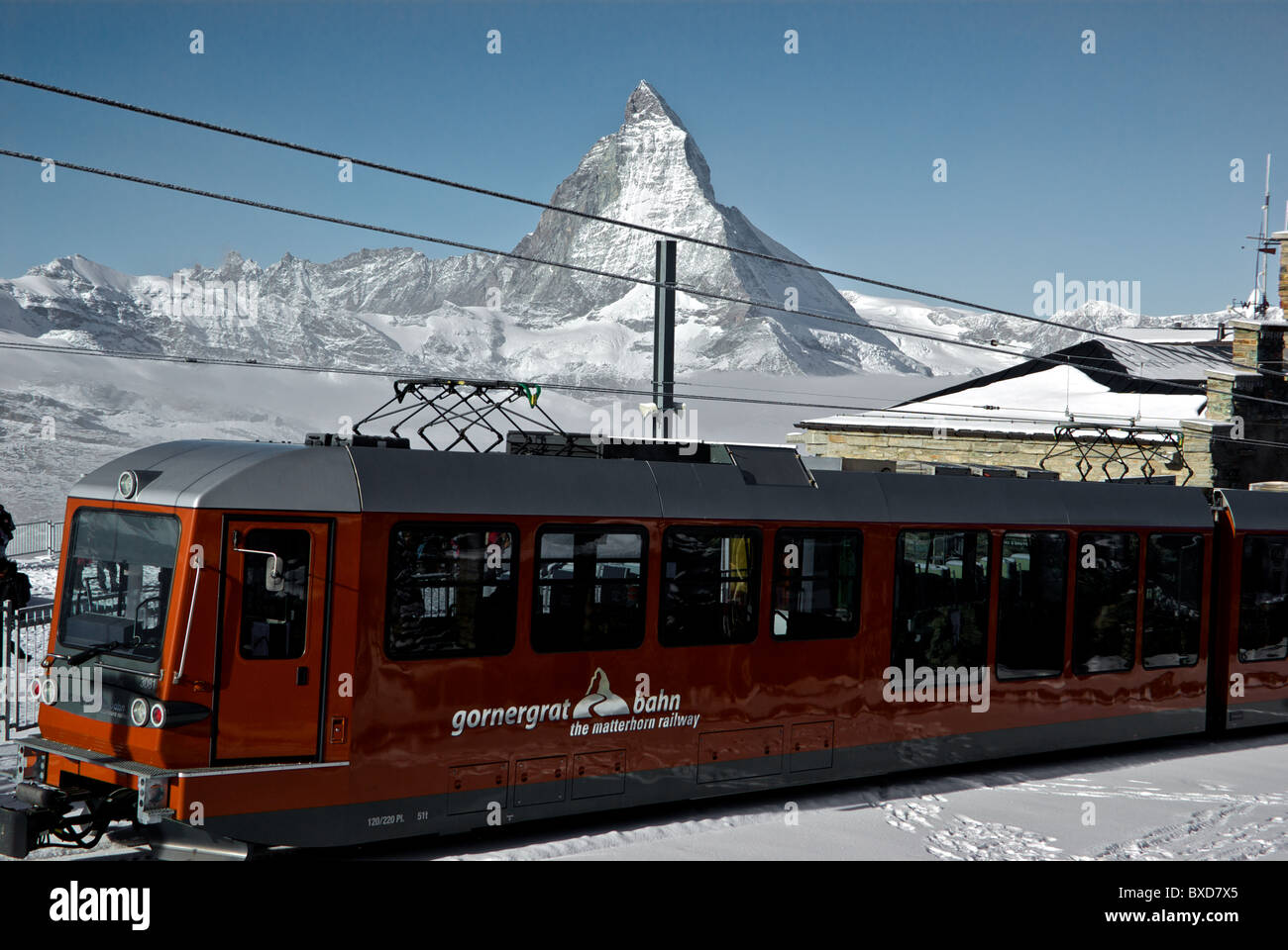 Gornergrat Bahn-Zahnrad-Bahn Bahnhof Blick auf das Matterhorn Zermatt  Switzerland Stockfotografie - Alamy