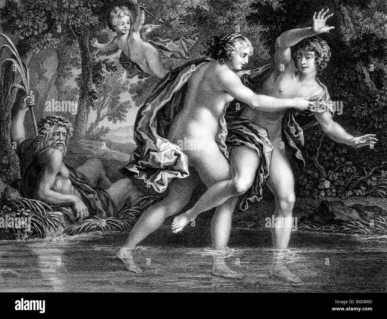 Salmacis & Hermaphroditus (XVIII. Gravur der Malerei von Paul Mattei) Stockfoto