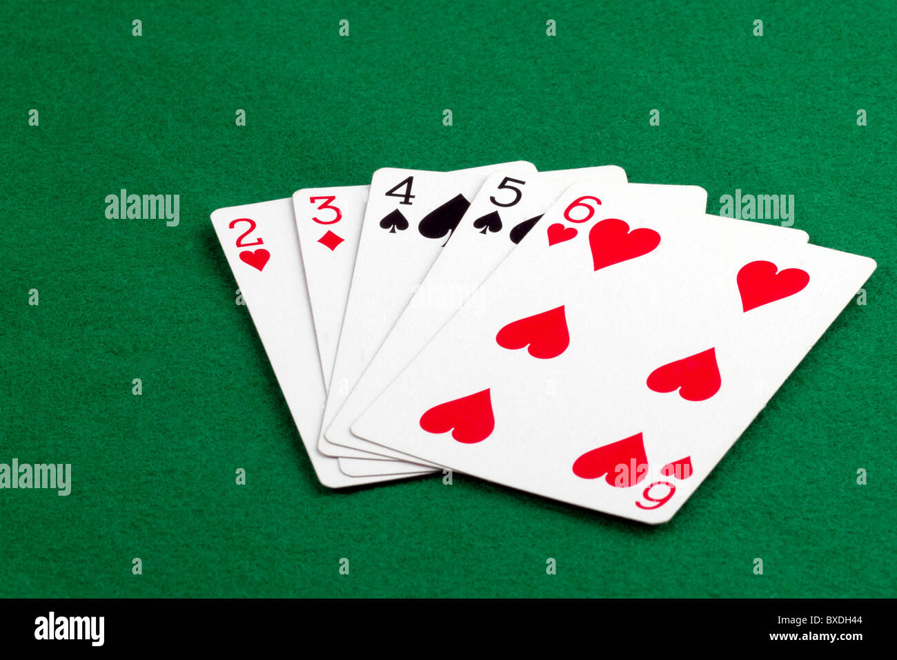 Poker-Blatt mit einem Ostwind auf grünem Filz Stockfoto