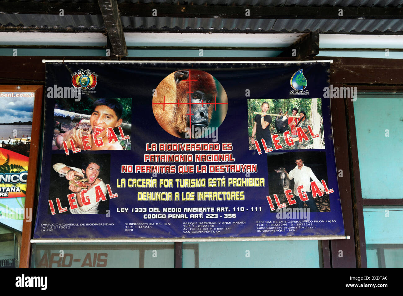 Sign in Spanish language die Förderung eines verantwortungsvollen Tourismus und die Angabe, dass die Jagd auf den Tourismus gesetzlich verboten ist, Flughafen Rurrenabaque, Bolivien Stockfoto