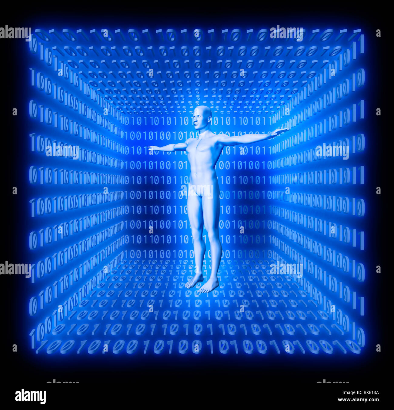 Mann im blauen Raum aus Binärcode. Konzept der digitalen Welt, Welt der Zukunft, Avatar, Künstlichkeit etc.. Stockfoto