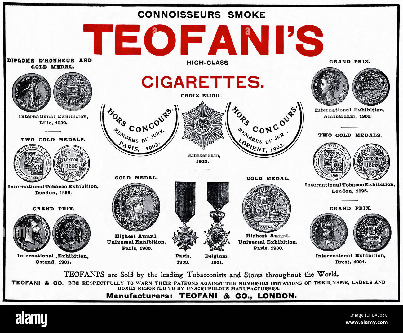 Edwardian Anzeige für preisgekrönte Teofanis Zigaretten ca. 1903 Stockfoto