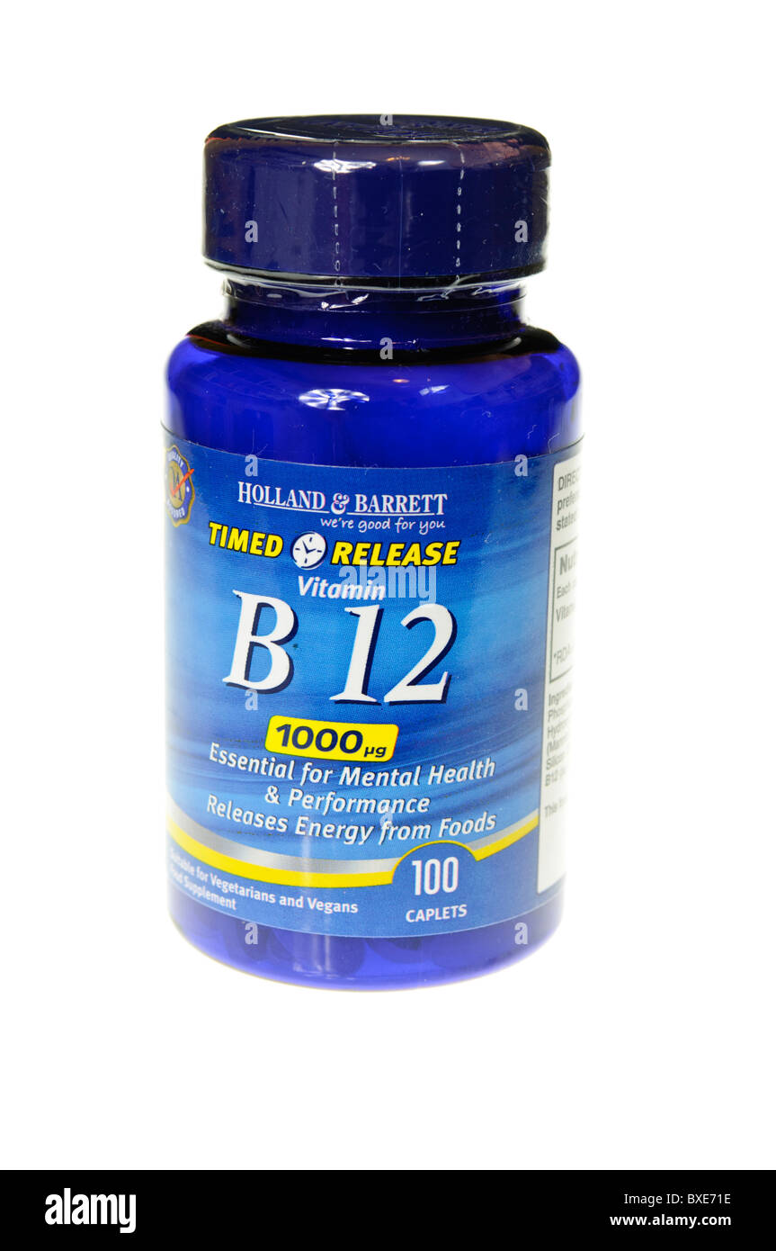 Flasche von Holland und Barrett B12 Tabletten, 1000 Mal die empfohlene Tagesdosis (RDA) für perniziöse Anämie Patienten Stockfoto