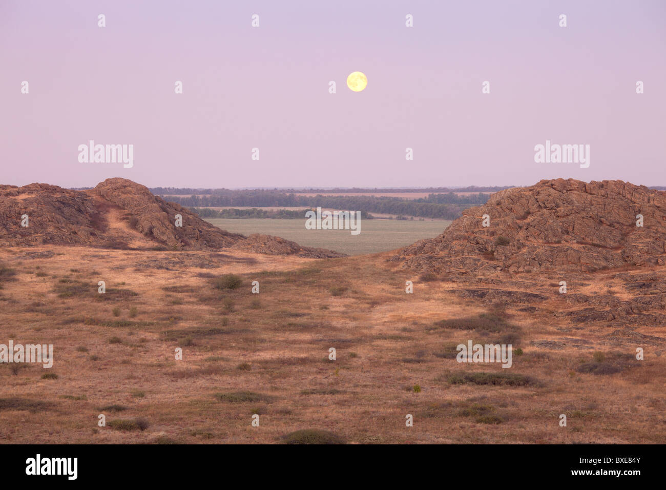 Wüstenlandschaft mit Vollmond am Abend Stockfoto