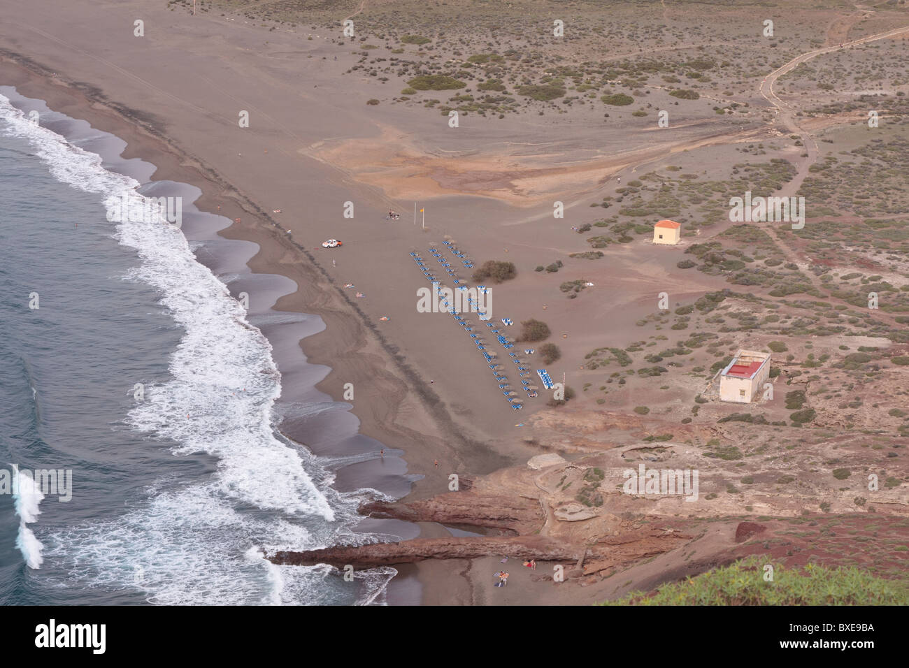 Playa La Tejita Luftbild von der Spitze des Montaña Roja in der Nähe von El Medano auf Teneriffa-Kanarische Inseln-Spanien Stockfoto