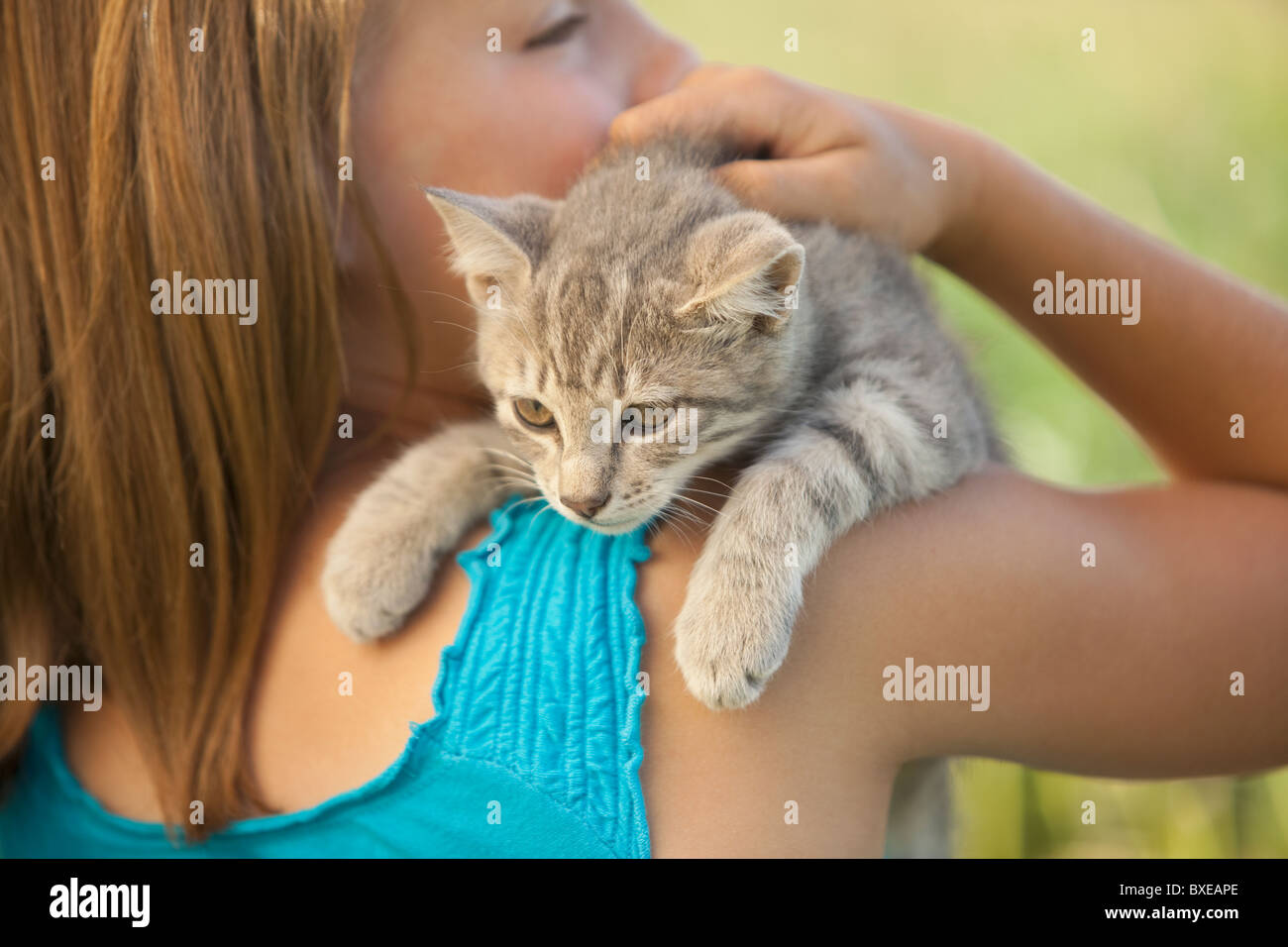 Junges Mädchen hält eine Kätzchen Stockfoto