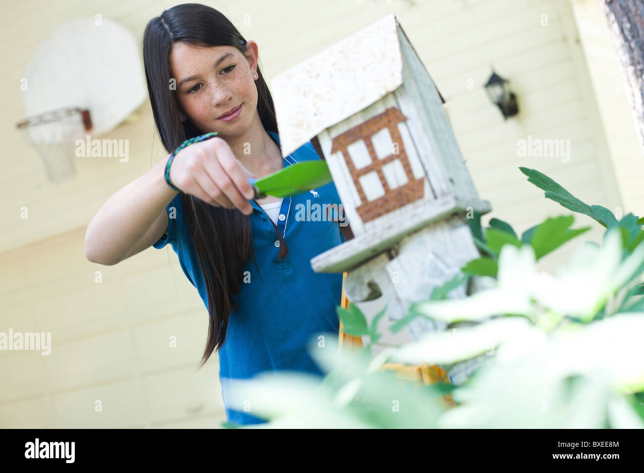 Junges Mädchen ins Vogelhaus Vogelfutter Stockfoto