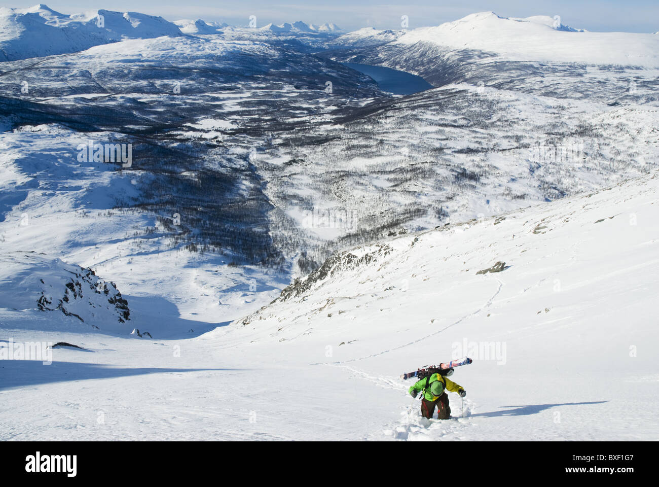 Ein männlicher Telemark-Skifahrer Wandern auf einem steilen Couloir in der Nähe von Narvik, Norwegen. Stockfoto