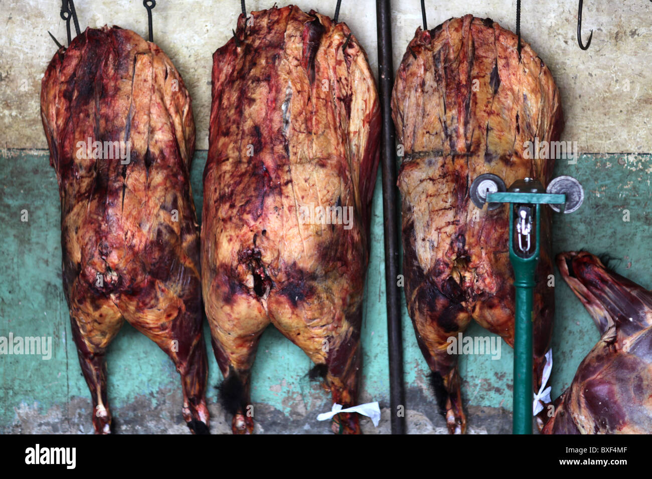 Fleisch auf dem Display an einem Metzger auf den Straßen von Lhasa, der Hauptstadt Tibets (tibetische autonome Region), China. Stockfoto