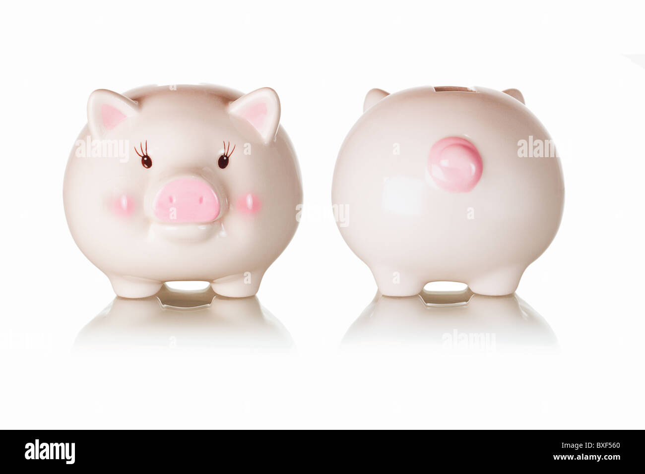 Vordere und hintere Ansichten von Sparschwein mit Reflexionen auf weißem Hintergrund Stockfoto