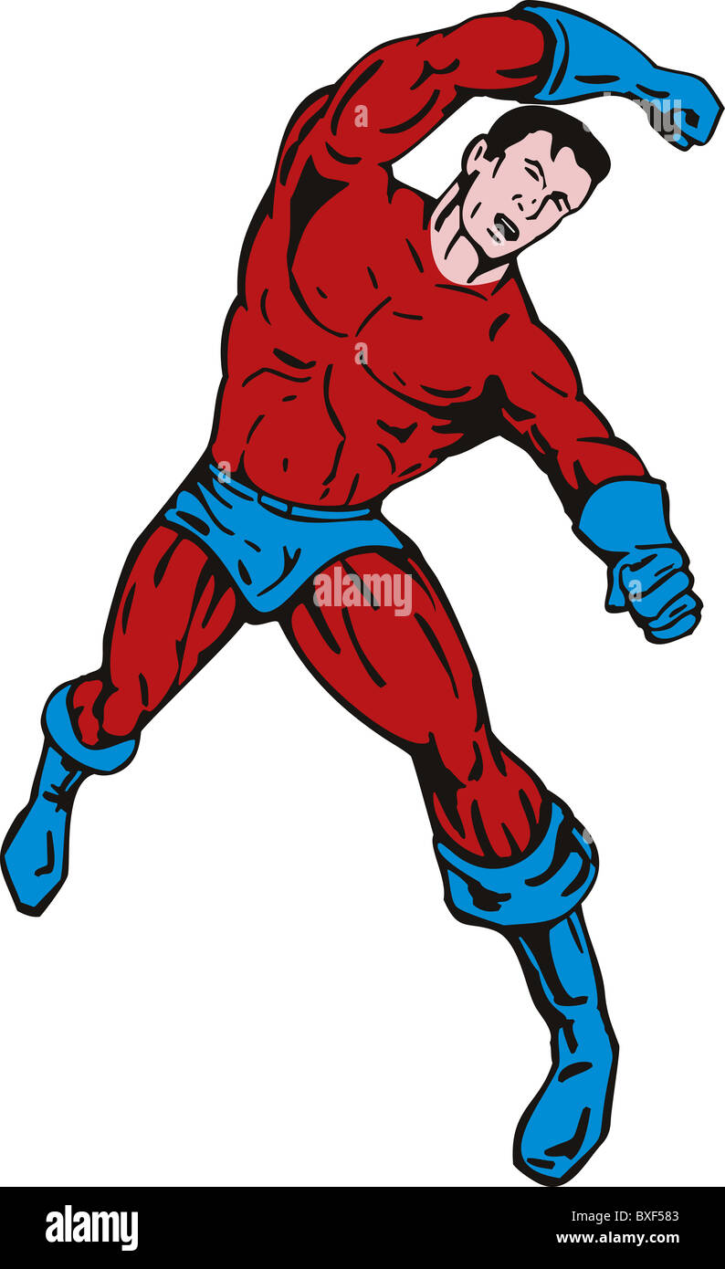 Illustration der Superheld läuft Stanzen zeigt Frontansicht Ganzkörper isoliert auf weißem Hintergrund Cartoon Comic-Stil Stockfoto