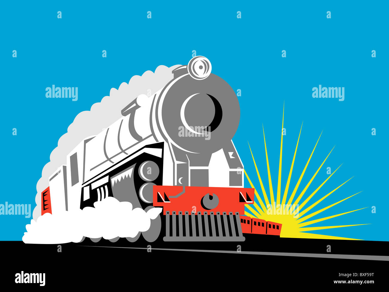 Illustration der lange Dampf Zug vorne anzeigen gelbe Sunburst auf blauem Hintergrund Holzschnitt und Retro-Stil Stockfoto