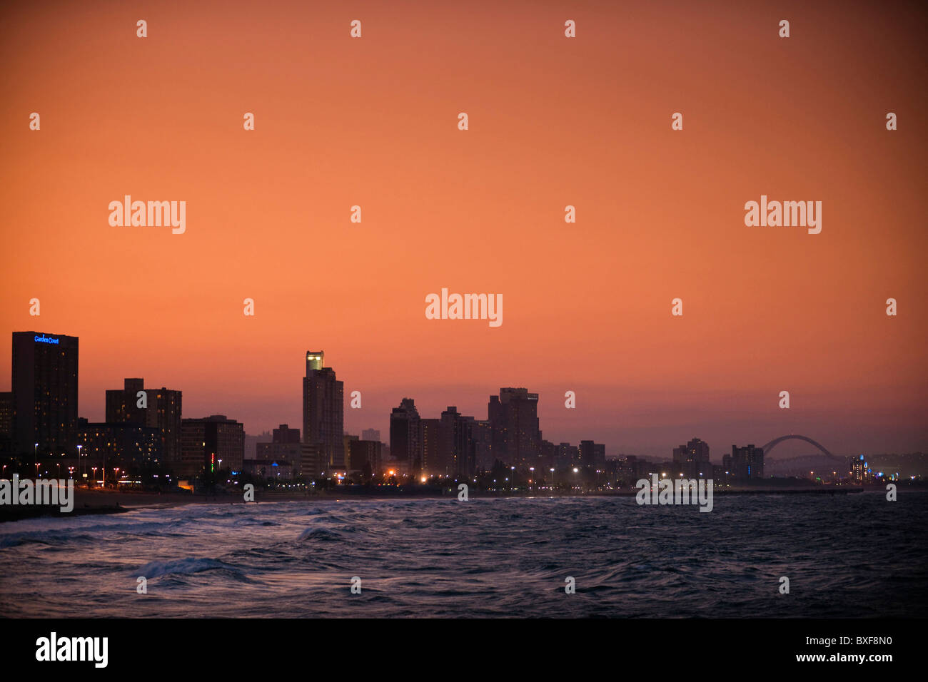Blick auf Skyline von Durban von der Punkt-Entwicklung. Durban. KwaZulu Natal, Suedafrika. Stockfoto