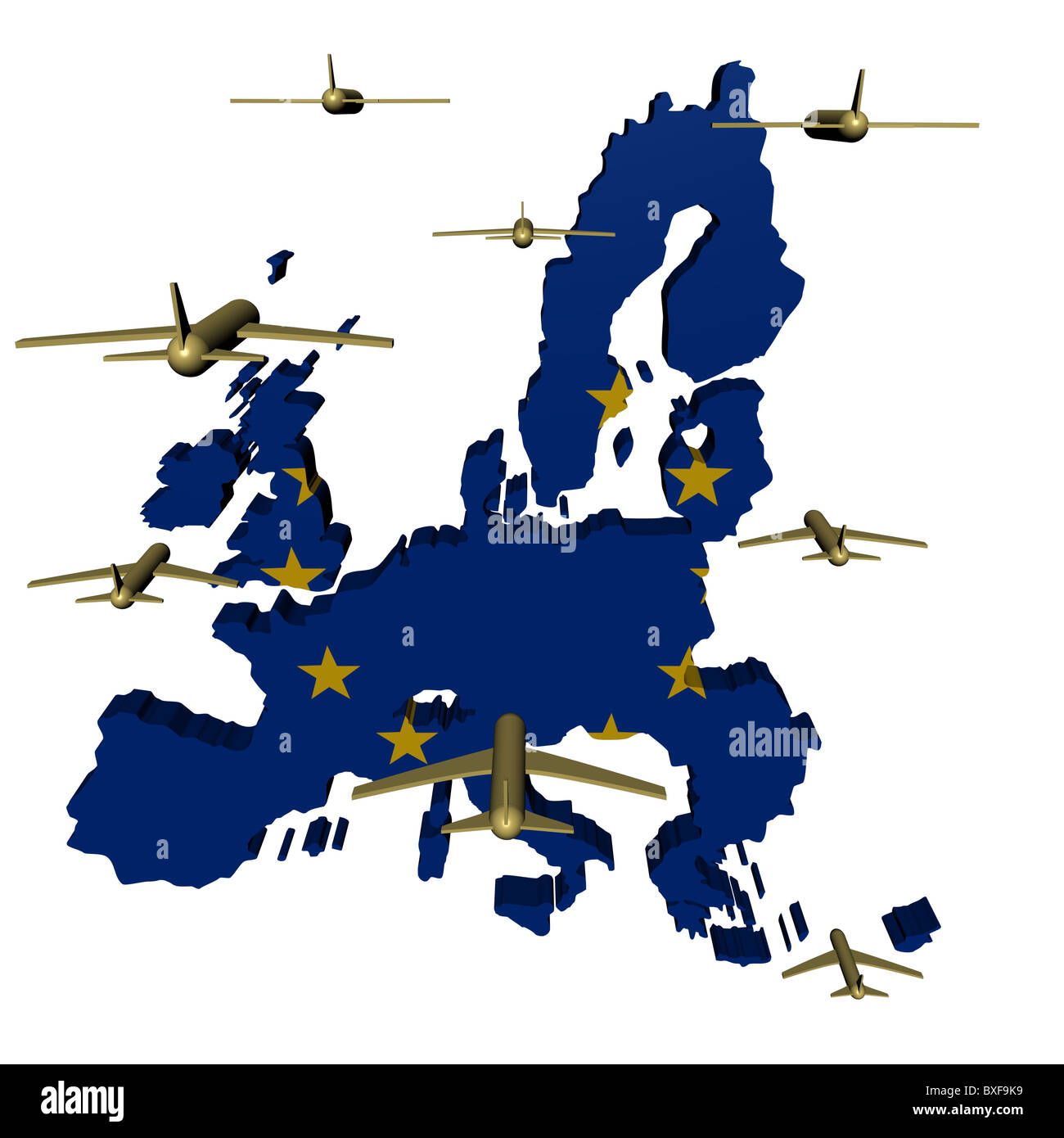 Abstrakte Flugzeuge fliegen in Richtung Europäische Union Karte Flagge Abbildung Stockfoto