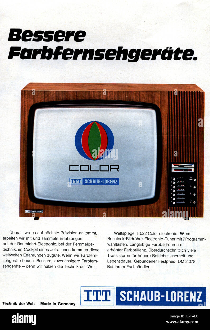 Werbung, Fernsehen, Werbung für ITT Schaub-Lorenz Farbfernseher, aus der Zeitschrift 'Quick', Nr. 21, 20.5.1970, Deutschland, Zusätzliche Rechte-Clearenzen-nicht vorhanden Stockfoto