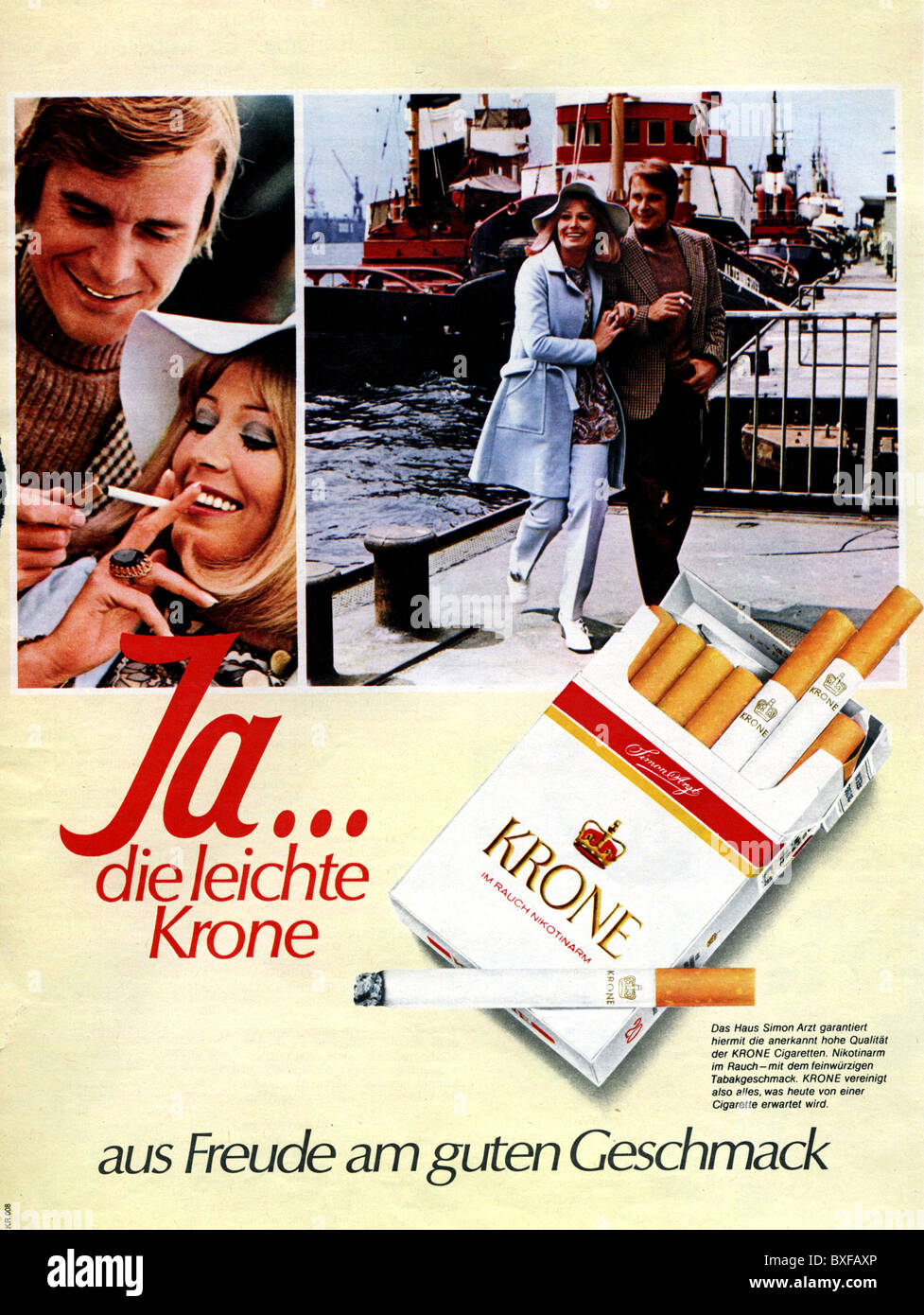 Werbung, Tabak, Zigaretten, Werbung für Krone Zigaretten, aus der Zeitschrift 'Hoeren und Sehen', Nr. 47, 27.11.1970, Deutschland, Additional-Rights-Clearences-not available Stockfoto